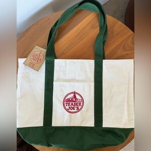 Trader Joe's Large Canvas Tote Bag with green handles and base.  NWT